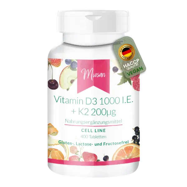 Vitamin D3 10.000 I.E. + K2 200ug - Schluckfreundlich - für Knochen und Muskeln | Miosan