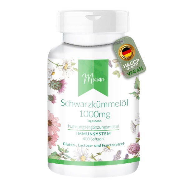 Schwarzkümmelöl 1000mg Tagesdosis - 400 Softgels - Schluckfreundlich | Miosan