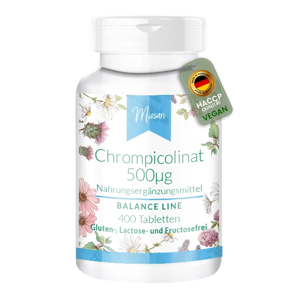 Chrompicolinat 500µg - 400 Tabletten - Schluckfreundlich - für Blutzuckerspiegel und Makronährstoff-Stoffwechsel - vegan | Miosan
