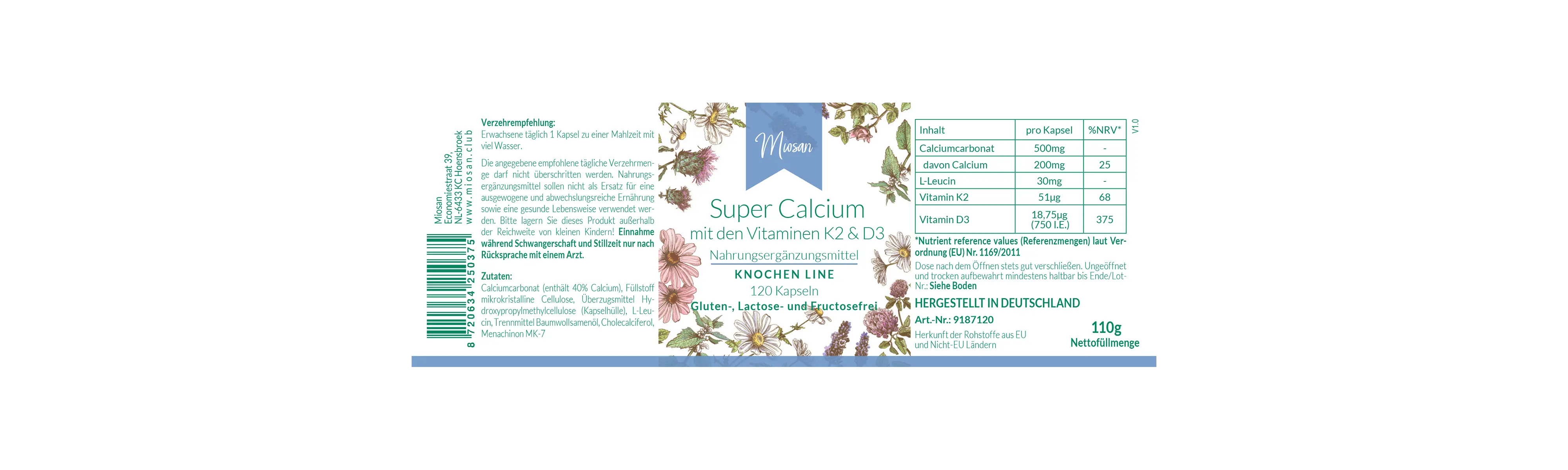 Super Calcium mit Vitaminen K2 & D3- 120 Kapseln | Miosan