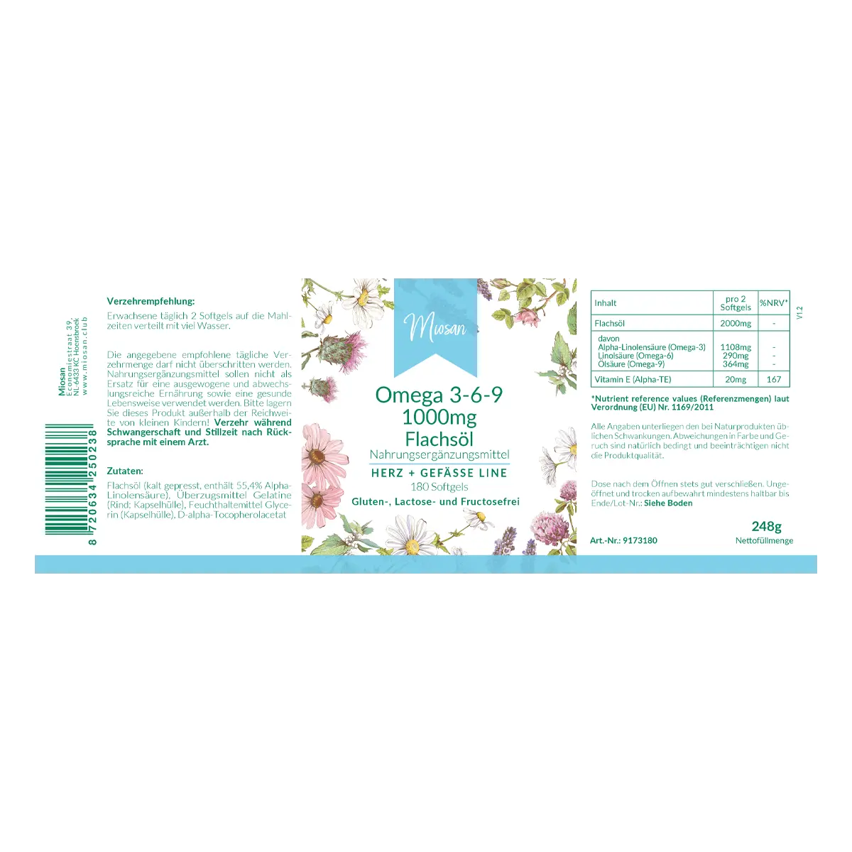 Omega 3-6-9 1000mg Flachsöl 180 Softgels | Miosan